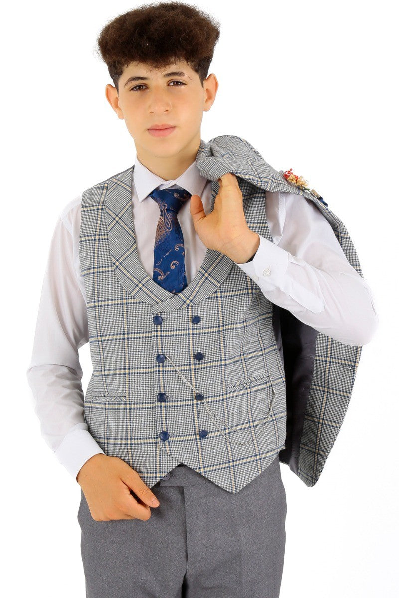 Jungen Windowpane Karo Slim Fit Anzug - Blau - Grau