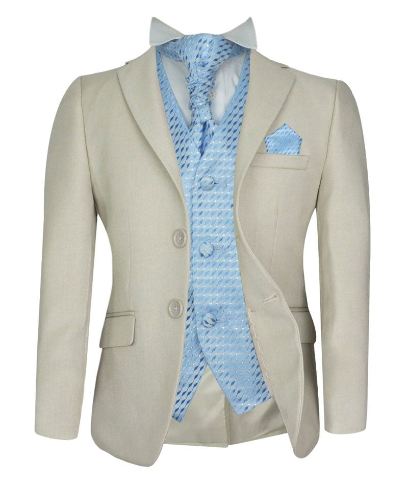 Boys Beige Suit with Patterned Waistcoat and Cravat Set - Beige