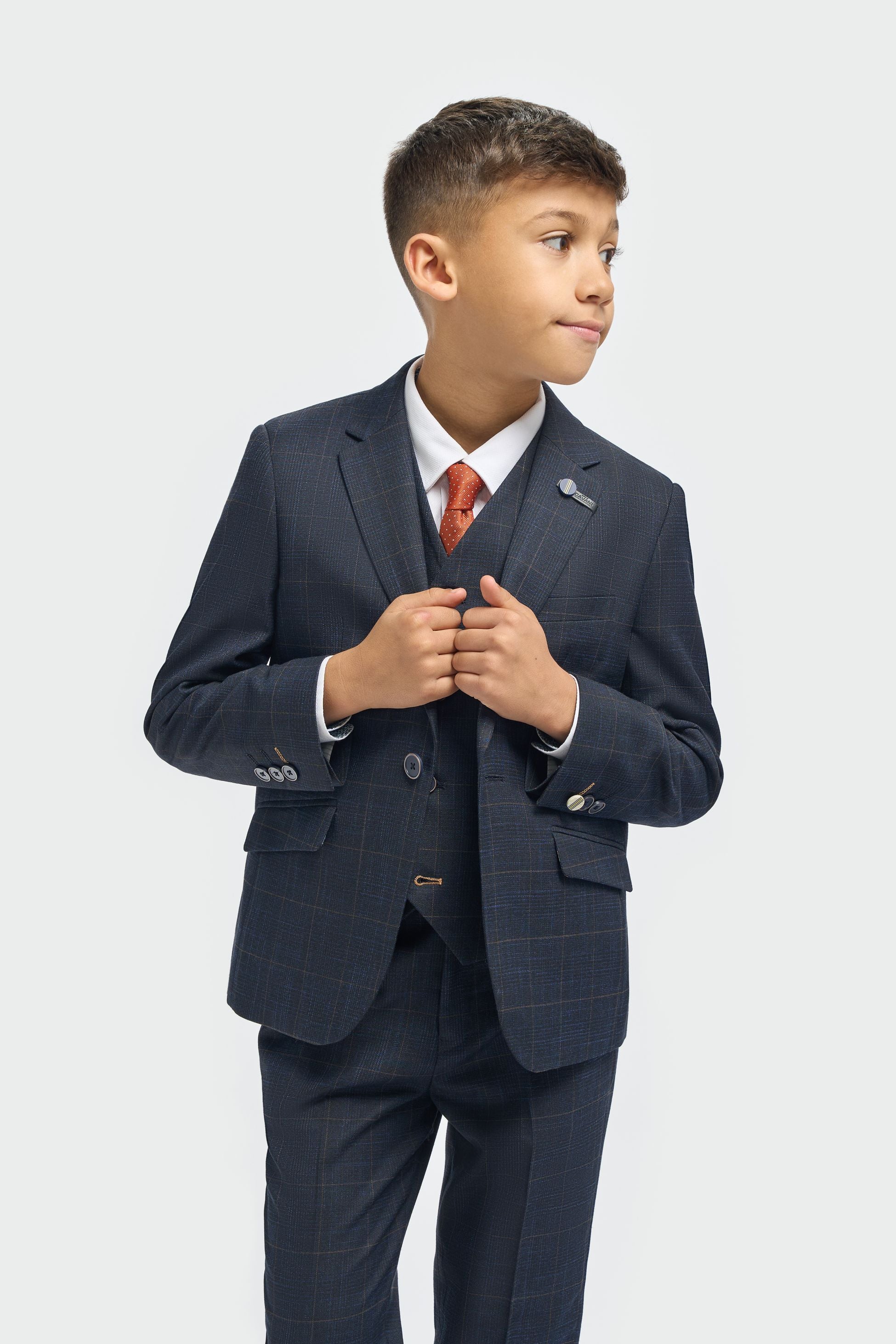 Boys’ 3-Piece Windowpane Check Suit - Torino - Navy Blue