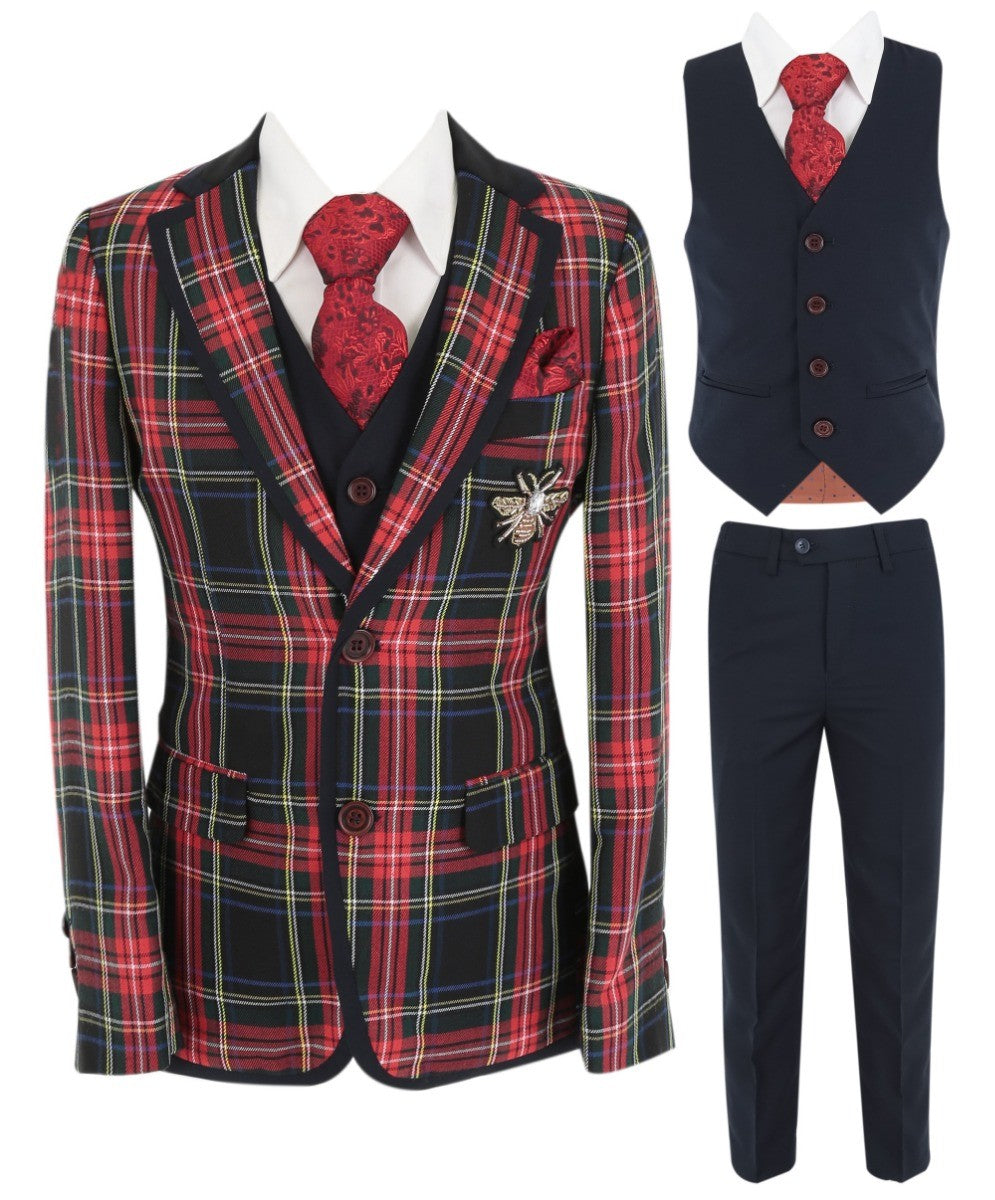 Jungen Stewart Tartan Karo Modeanzug - Schwarz und Rot