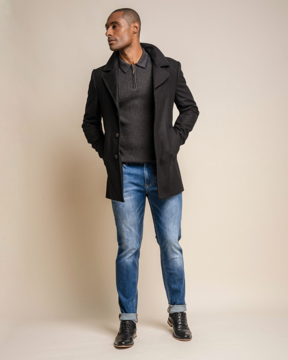 Manteau Mi-Long en Laine Mélangée pour Homme - NELSON - Noir