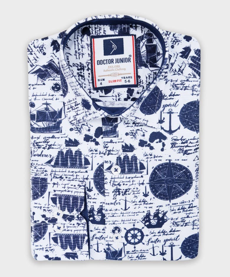 Boys Nautical Printed Fashion Shirt - Navy Blue