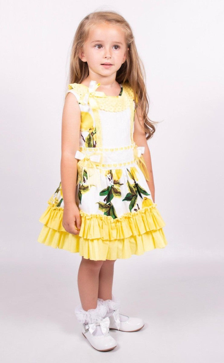 Girls Floral Sleeveless Lace Ruffles Dress - White and Yellow