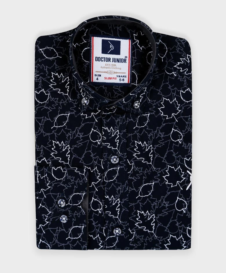 Boys Slim Fit Leaves Print Cotton Shirt - Black