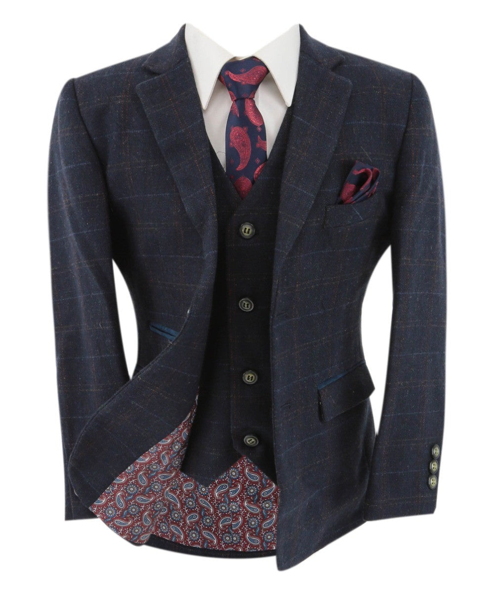 Boys Tweed Windowpane Check Tailored Fit Suit - Ryan Navy - Navy Blue