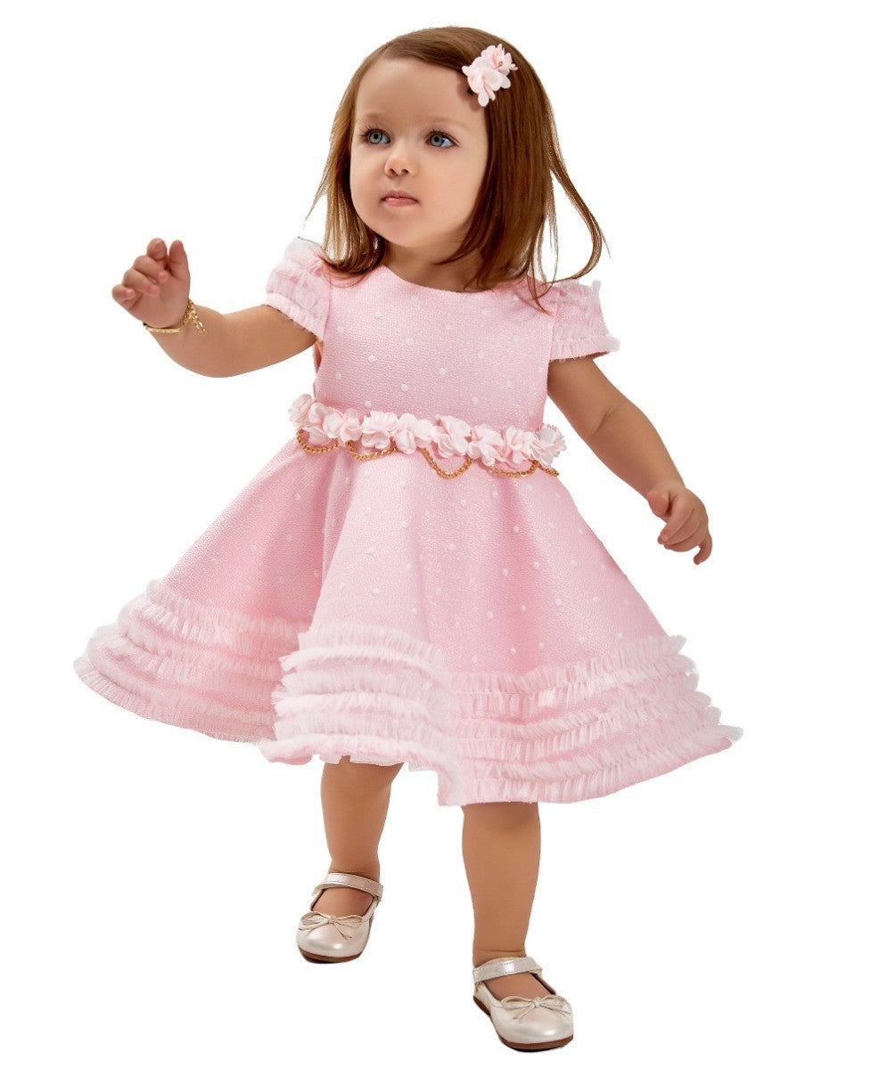 Baby Mädchen Kurzärmeliges Polka Dot Pink Kleid-Set - Hellrosa