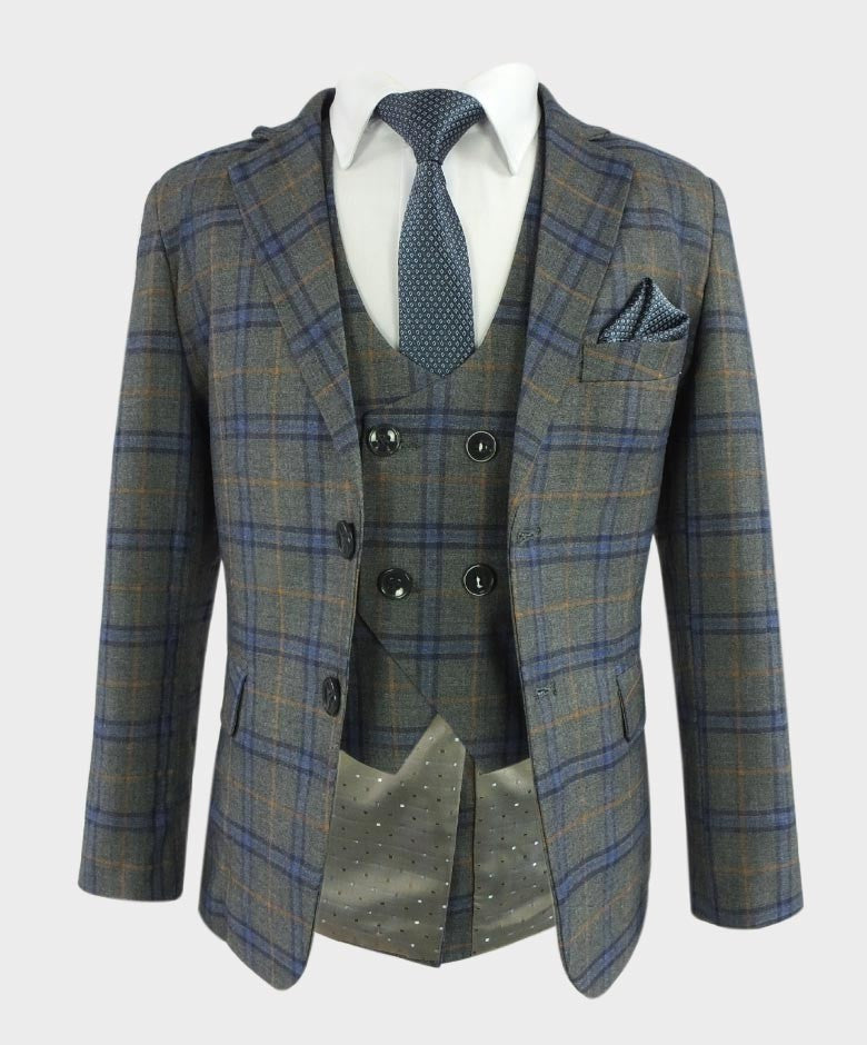 Boys Tailored Fit Windowpane Check Grey Suit - Blue - Orange