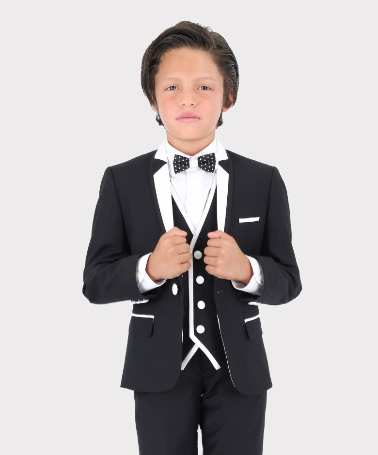 Jungen Exklusiver Piping Tuxedo Anzug - Schwarz - Weiß