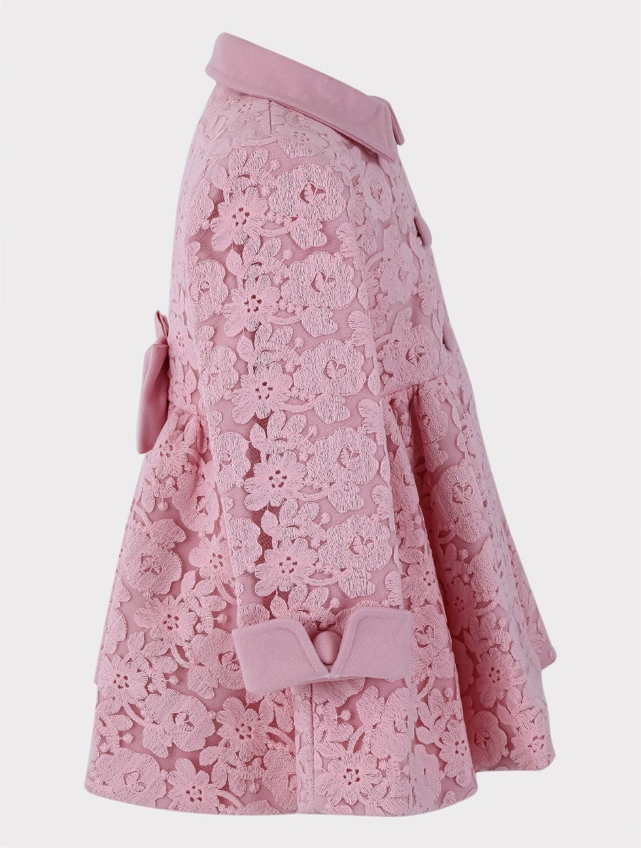 Ensemble Manteau Brodé Fleuri en Dentelle 2 Pièces pour Filles - Rose