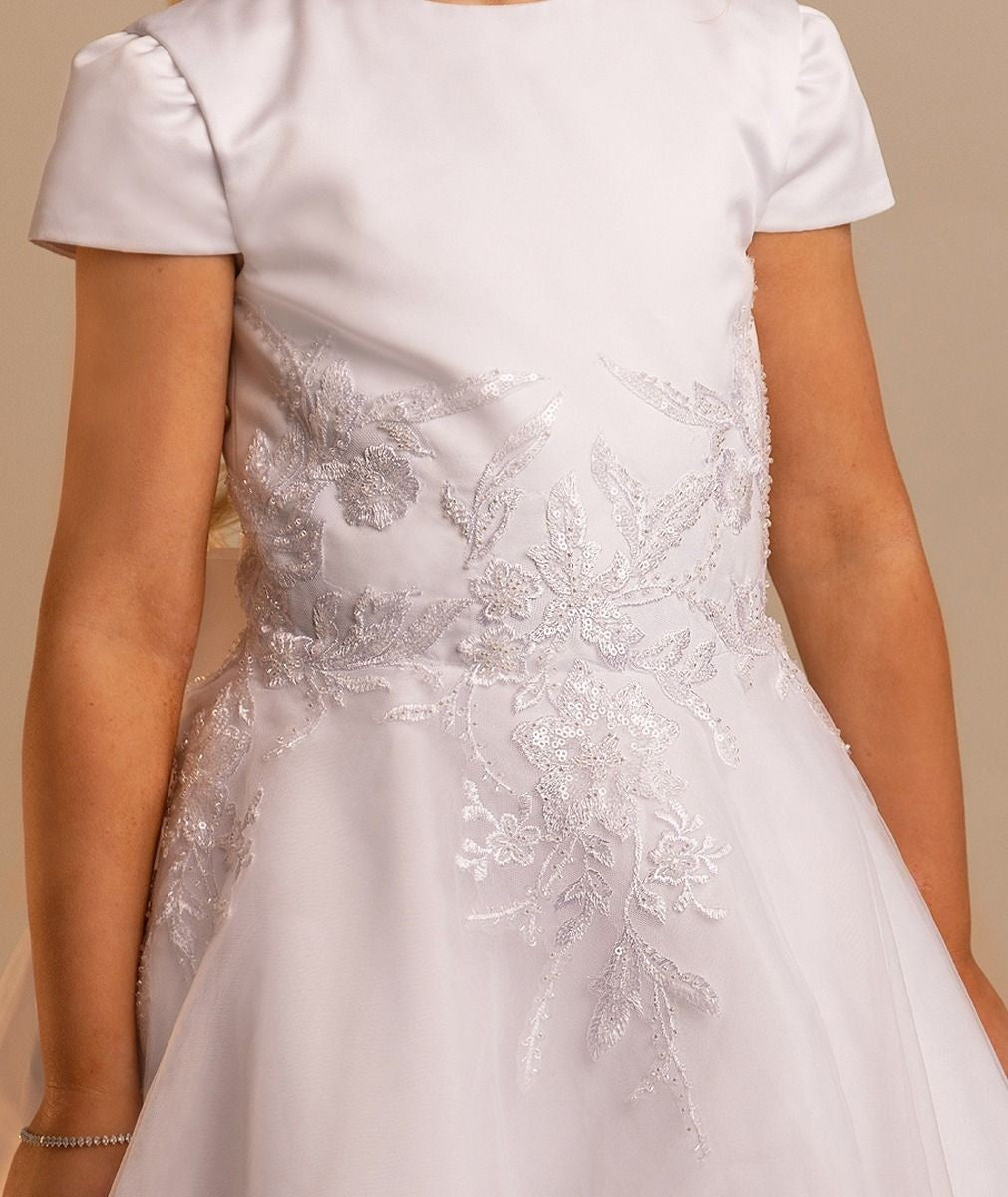 Robe de communion blanche avec broderies florales pour filles - Elodie - Blanc