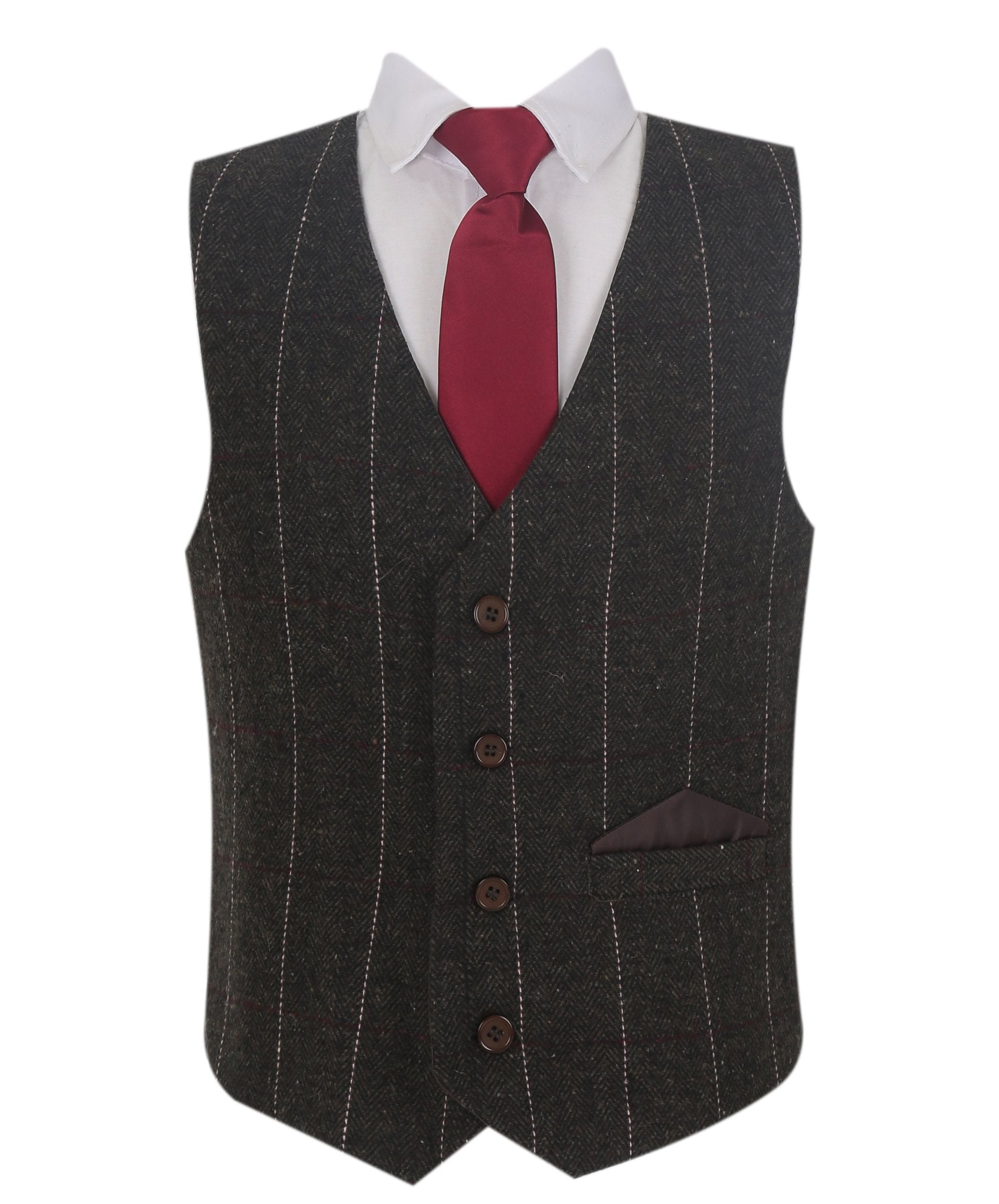 Ensemble Costume avec Gilet à Rayures en Tweed Marron Foncé pour Garçons