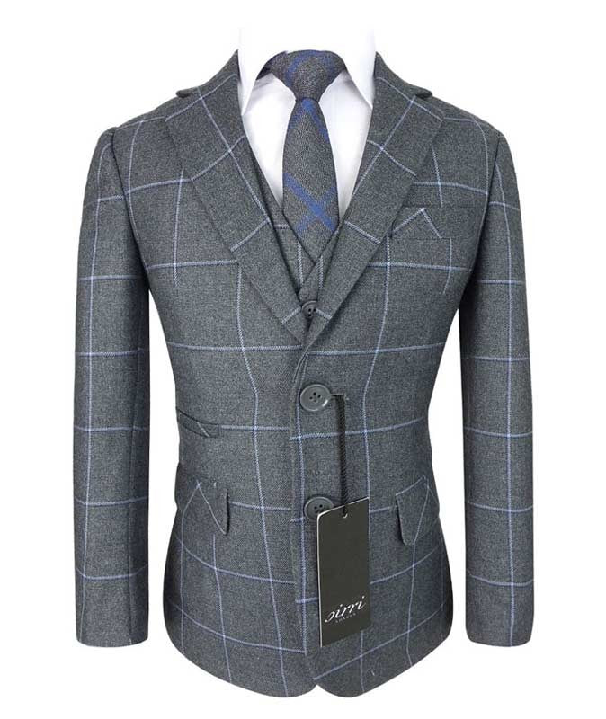 Boys Windowpane Check Slim Fit Suit - Grey - Blue