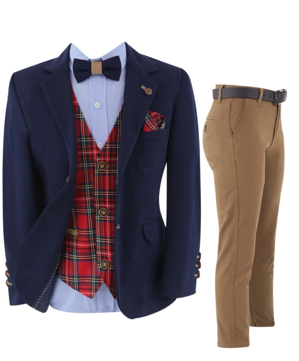 Ensemble Costume Slim Fit avec Gilet à Carreaux Tartan pour Garçons - Bleu Marine