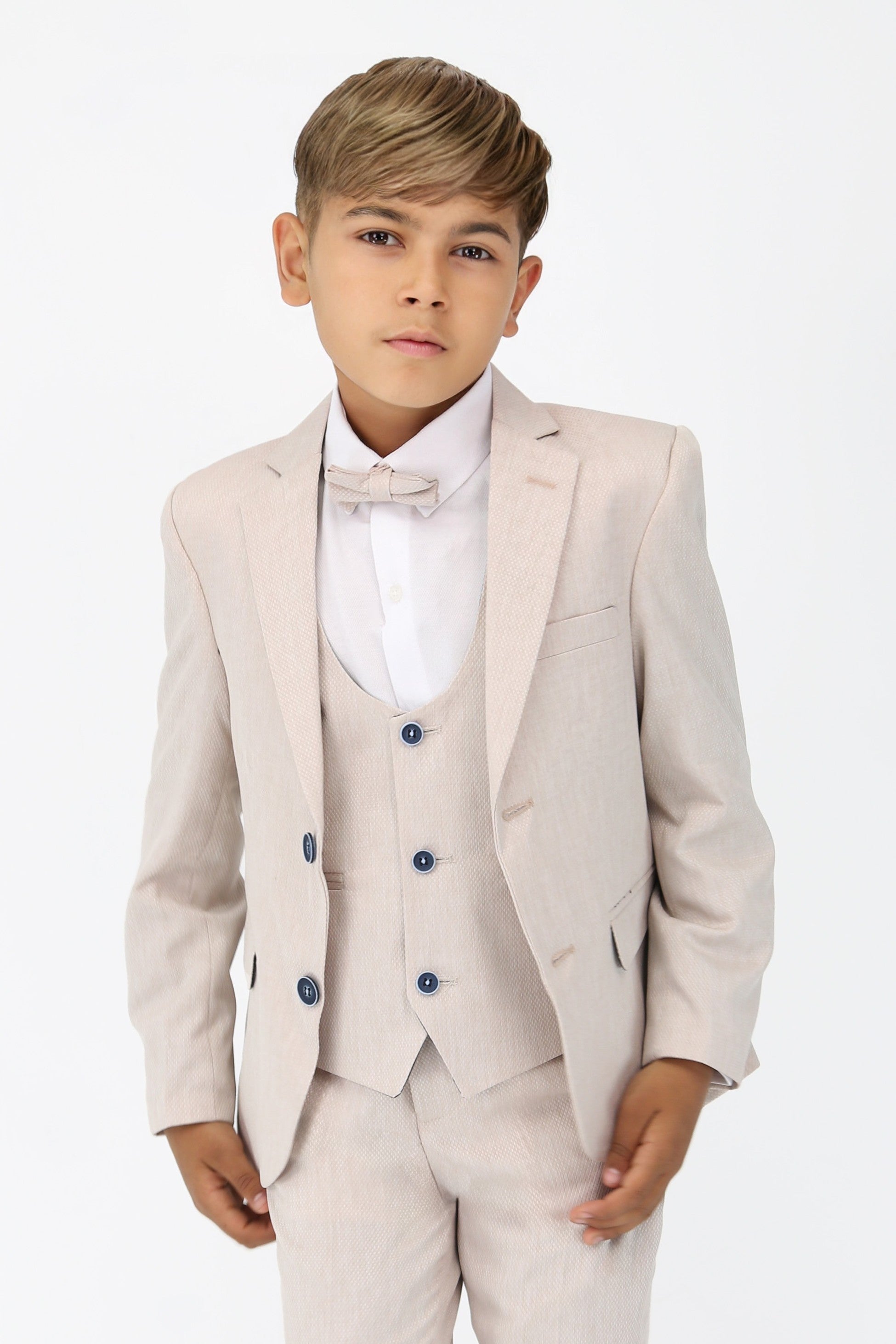 Boys' Slim Fit Self-Patterned 5 PC Suit Set - Beige