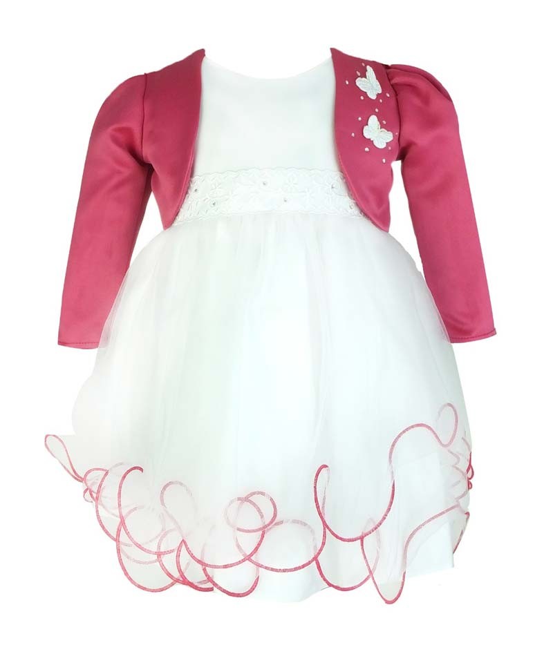 Girls Christening Wedding Dress with Butterfly Bolero Jacket - White - Pink