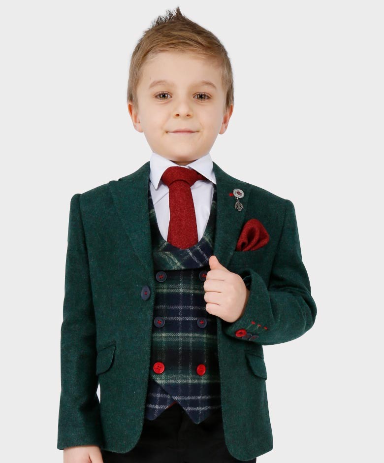 Jungen Maßgeschneiderter Blazer Westen-Set - Kaschmir - Waldgrün