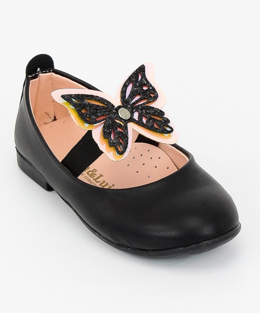 Girls Ballerina Butterfly Strap Flat Dress Shoes - Black