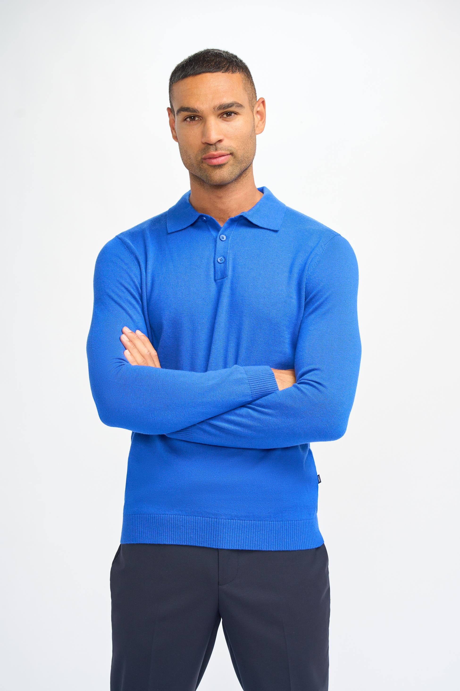 Herren Wollstrick Langarm Polo-Shirt - Boom - Elektrisch Blau