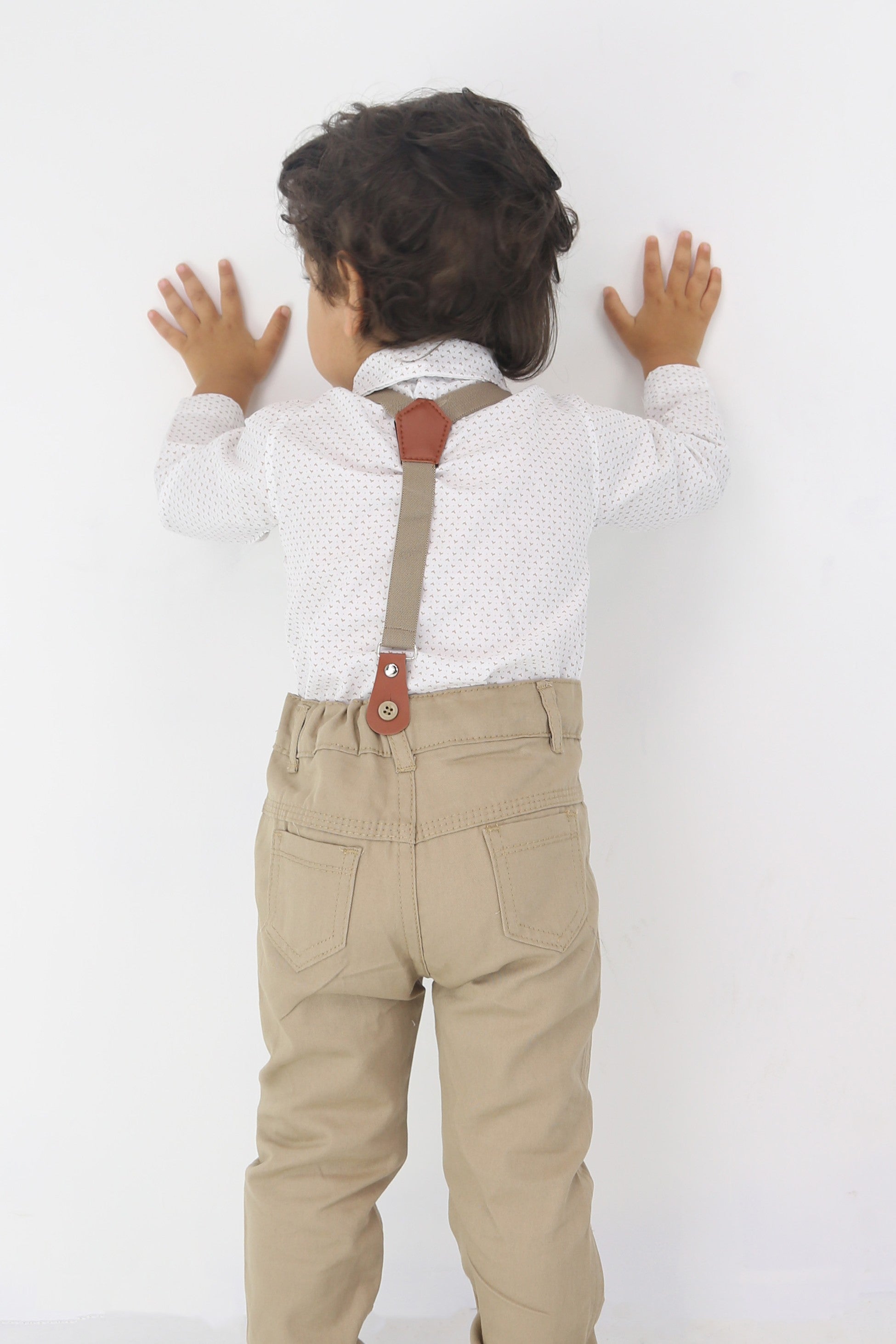 Baby Jungen Gentleman Outfit - 4-teilige Hosensatz mit Trägern - BIRD - Tan Braun