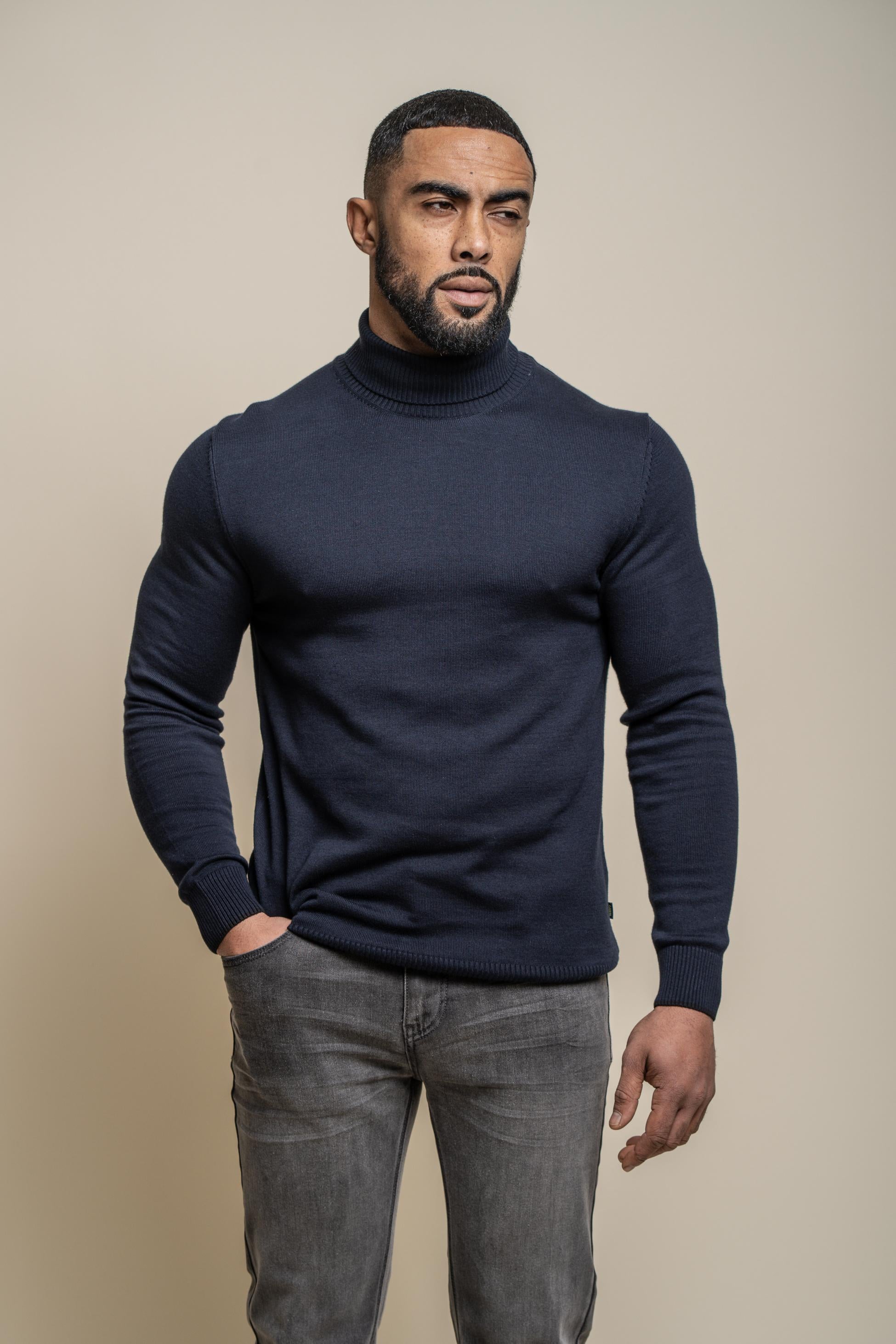 Herren Baumwoll Rollkragen Pullover - KARRIS - Marineblau