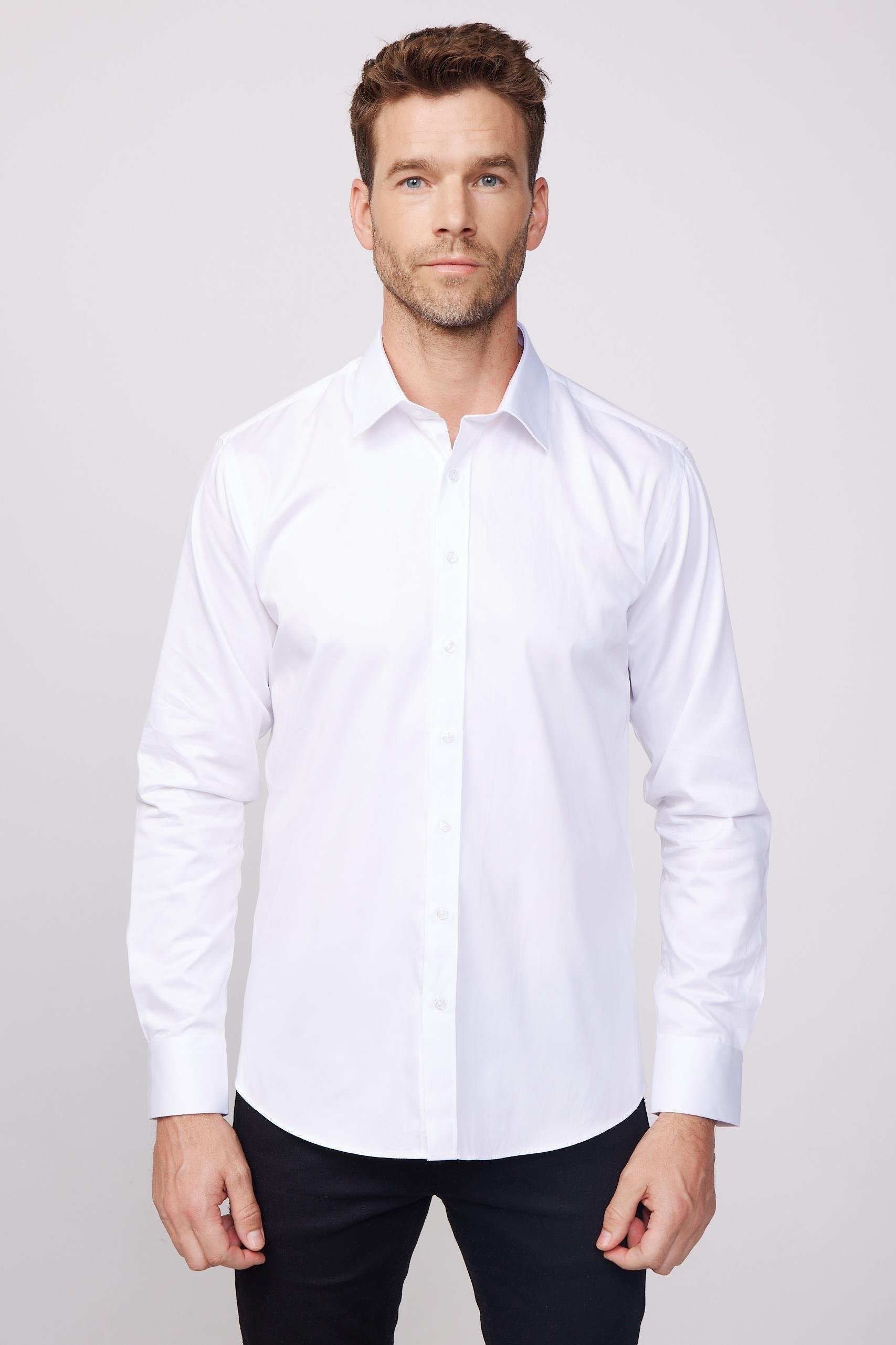 Men's Slim Fit Cotton Satin White Dress Shirt - White