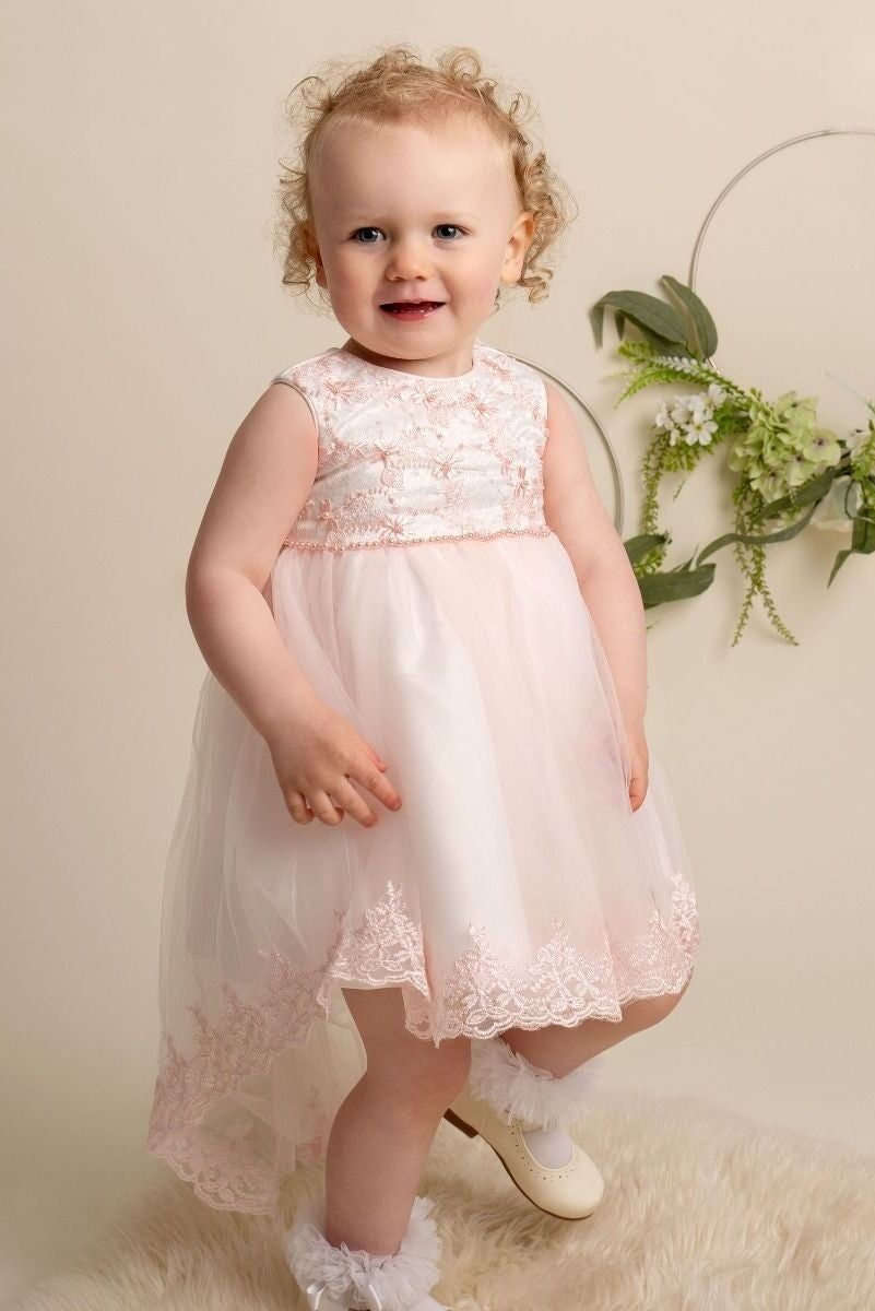 Robe en dentelle à jupe asymétrique pour bébés et filles - KHOLE - Rose Blush