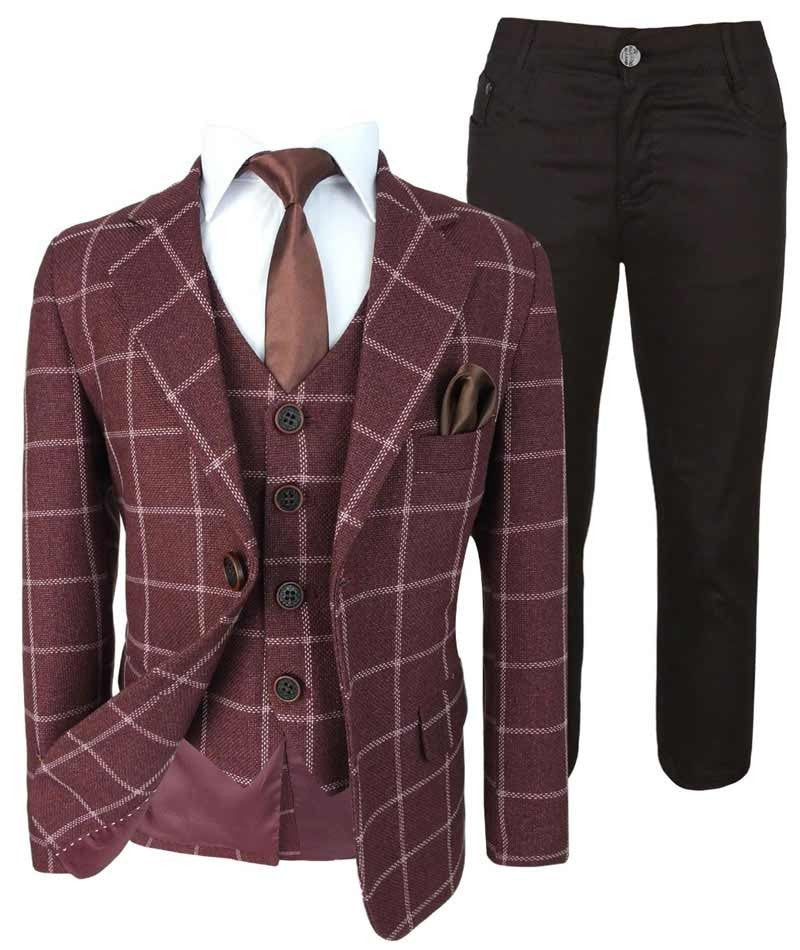 Costume à Carreaux Windowpane Tailored Fit pour Garçons - Marron