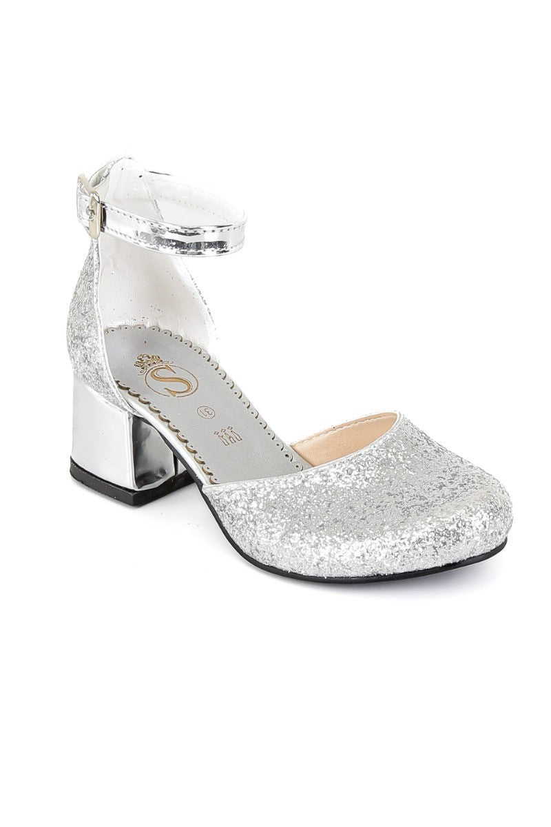 Girls Glittery Mary Janes Block Heel Silver Shoes - Silver