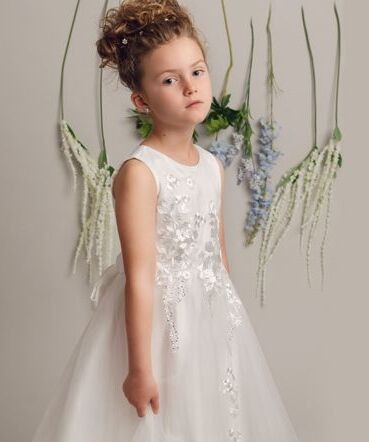 Floral Embroidery Flower Girl Dress with Bow - LUCKY - Ivory