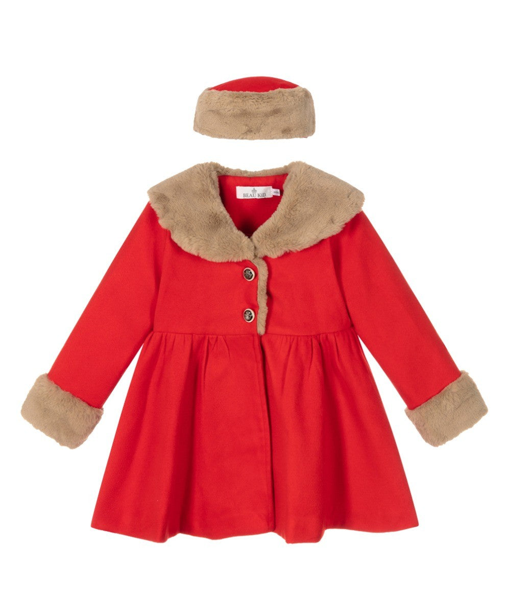 Girls Fur Midi Dress Coat 2 Piece Set - Red