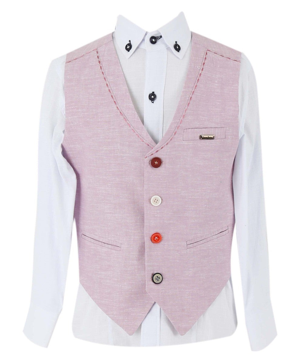 Boys Linen Single Breasted Waistcoat Suit Set - Lilac