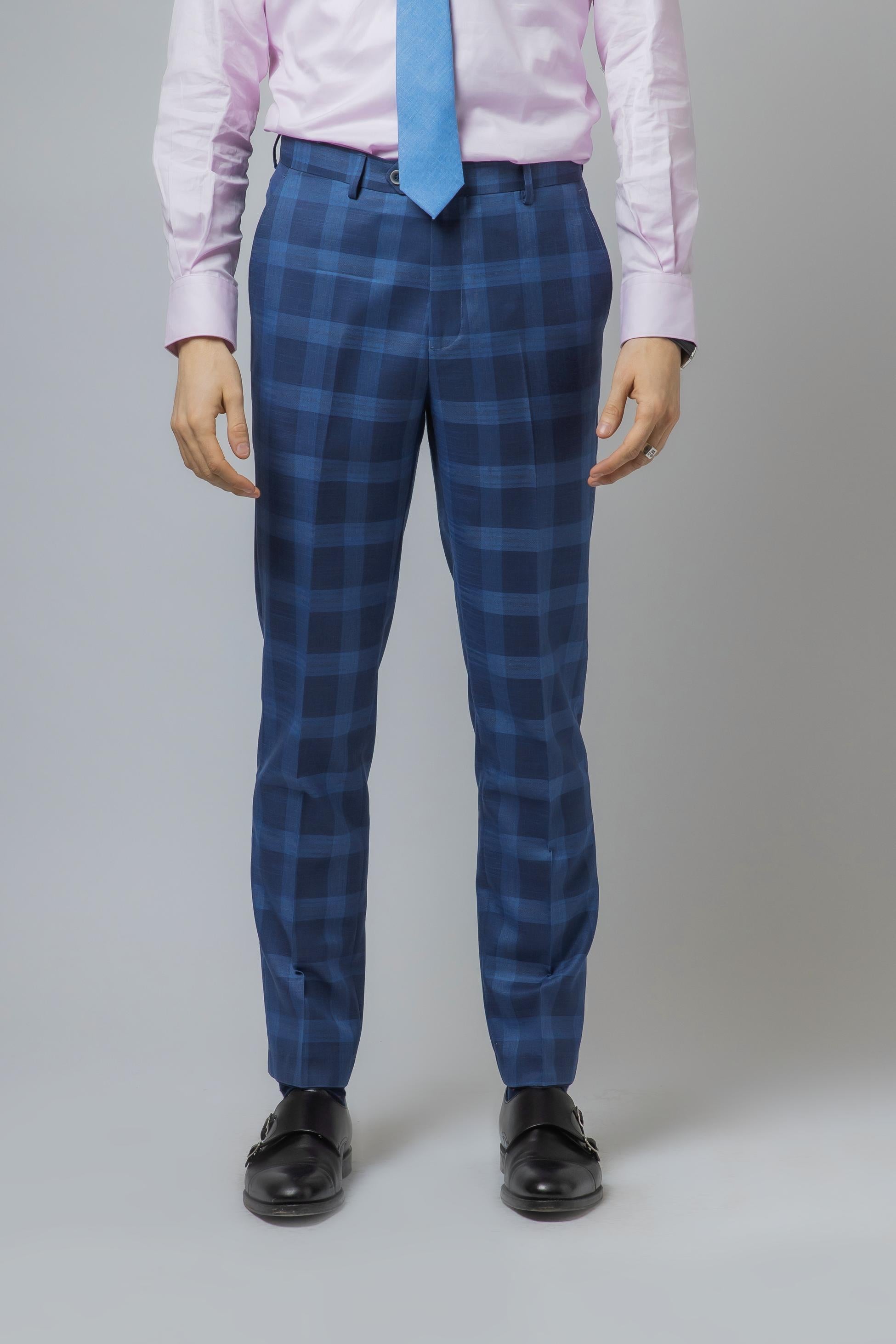 Men's Check Slim Fit Blue Trousers - Hunter - Dark Blue