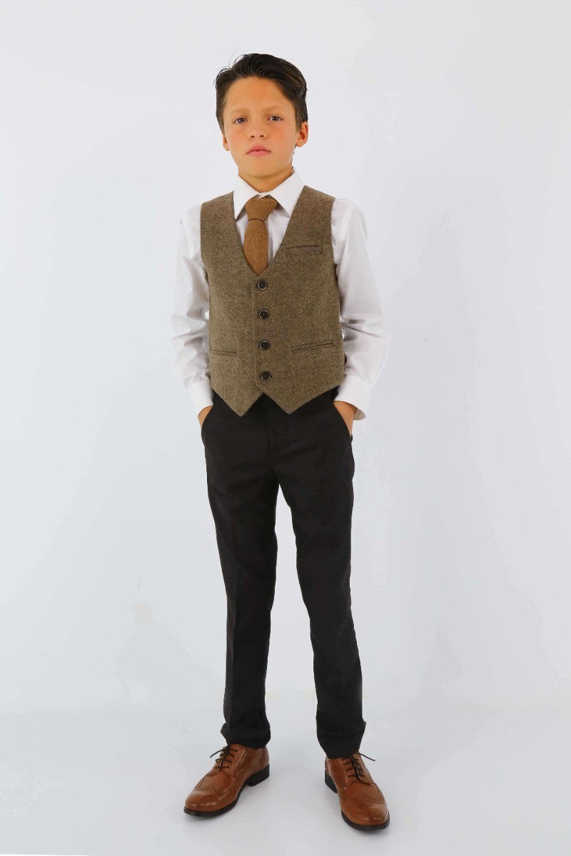 Ensemble Costume avec Gilet en Tweed à Chevrons pour Garçons - Marron Foncé