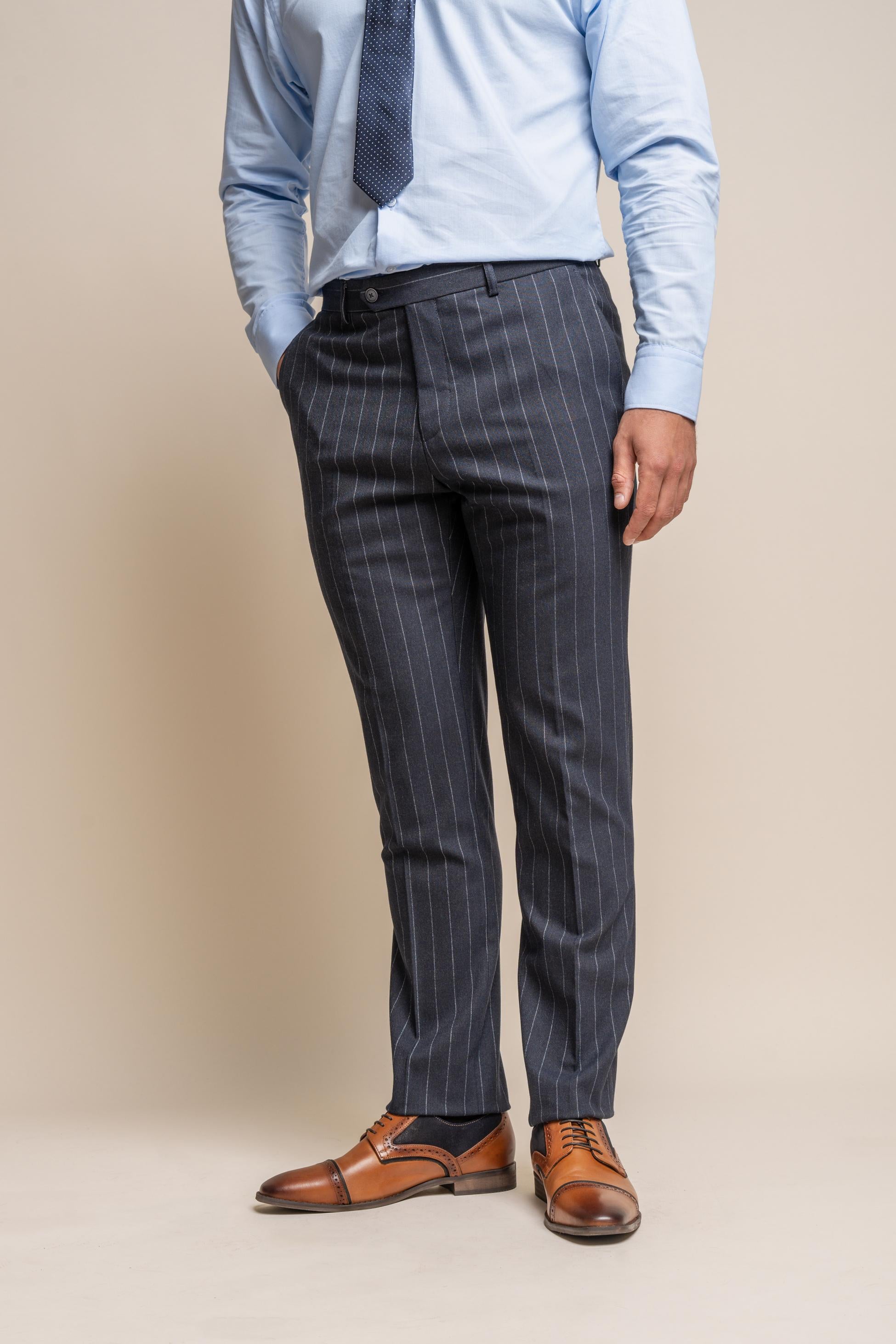 Men's Pinstripe Slim Fit Navy Blue Formal Trousers- Invincible - Navy Blue