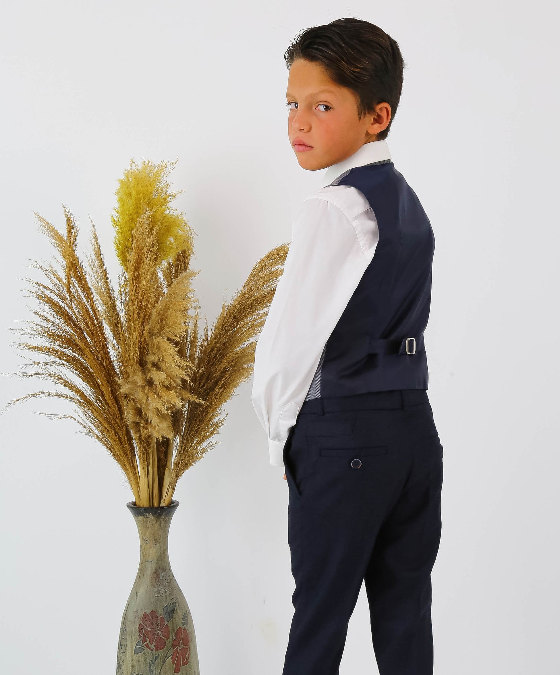 Jungen Fischgrät Tweed Westenanzug - Navyblau