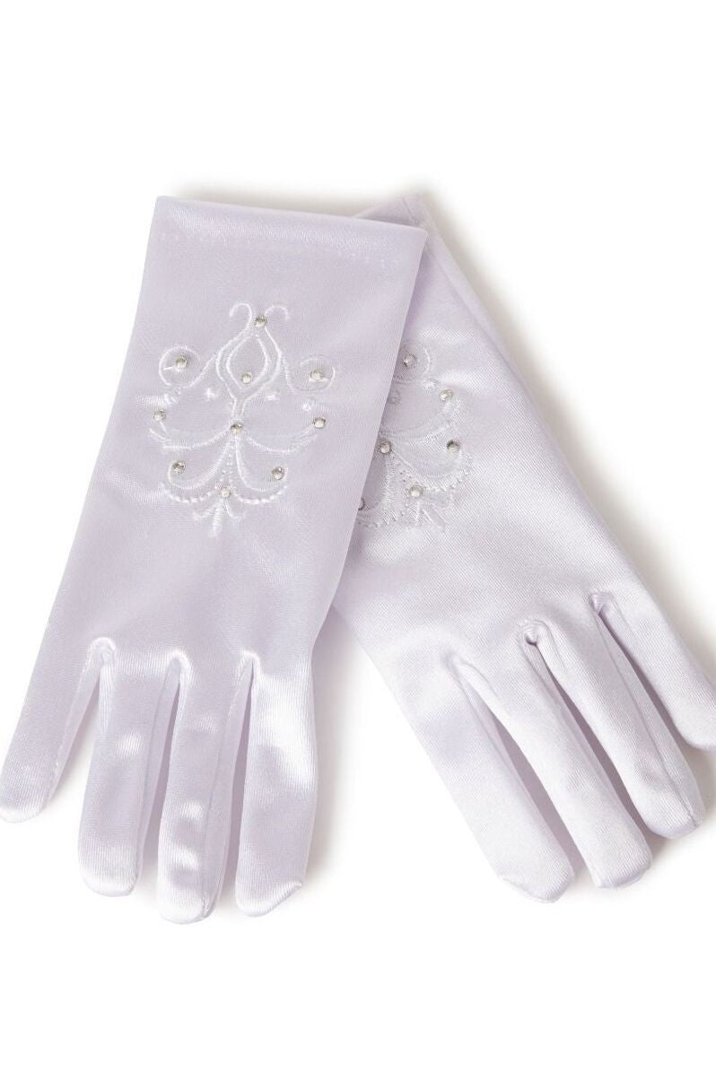 Girls White Swirl Pattern Satin Gloves - ELSA