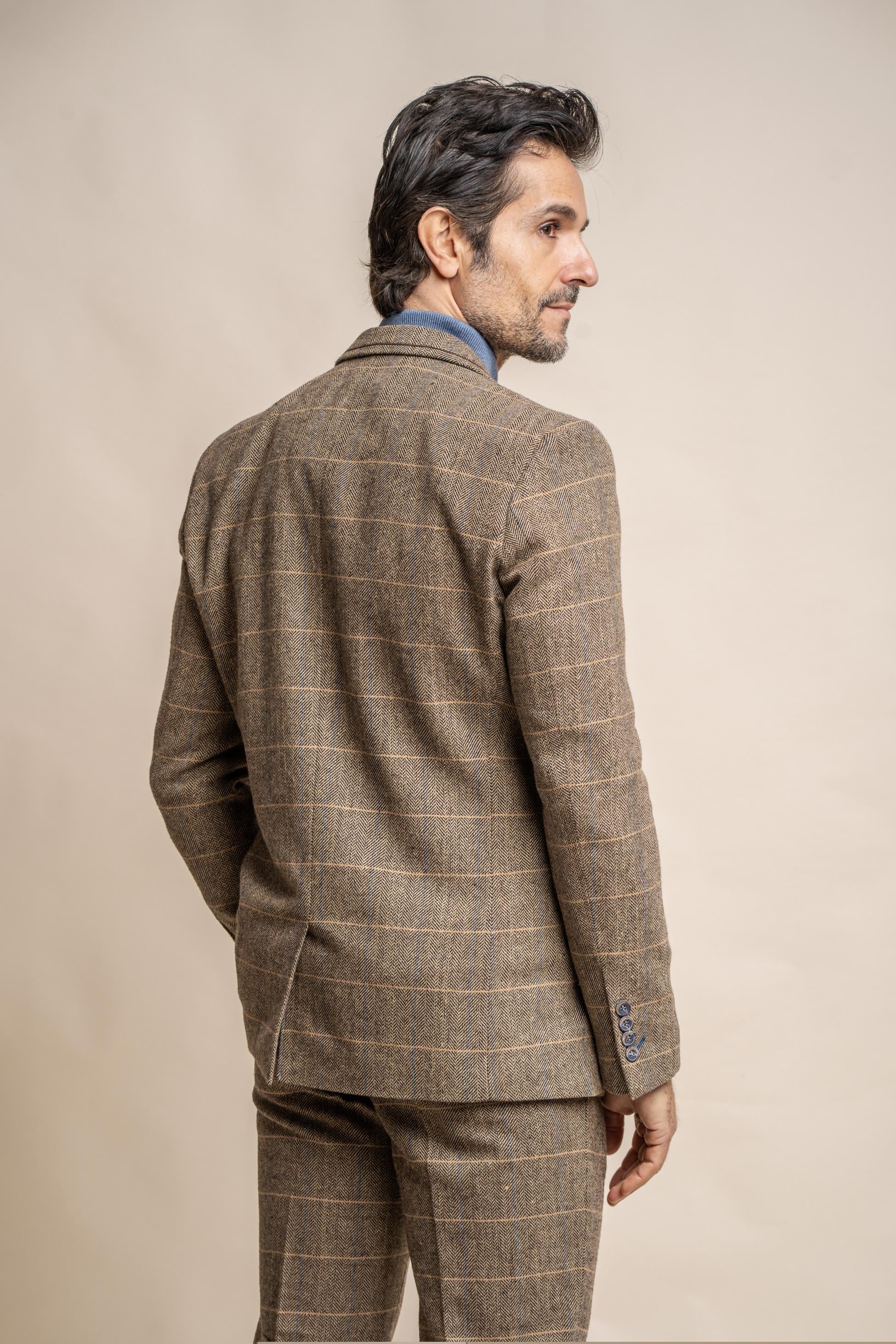 Veste de Costume en Laine Mélangée à Motif Chevron pour Homme - Albert - Brun Beige