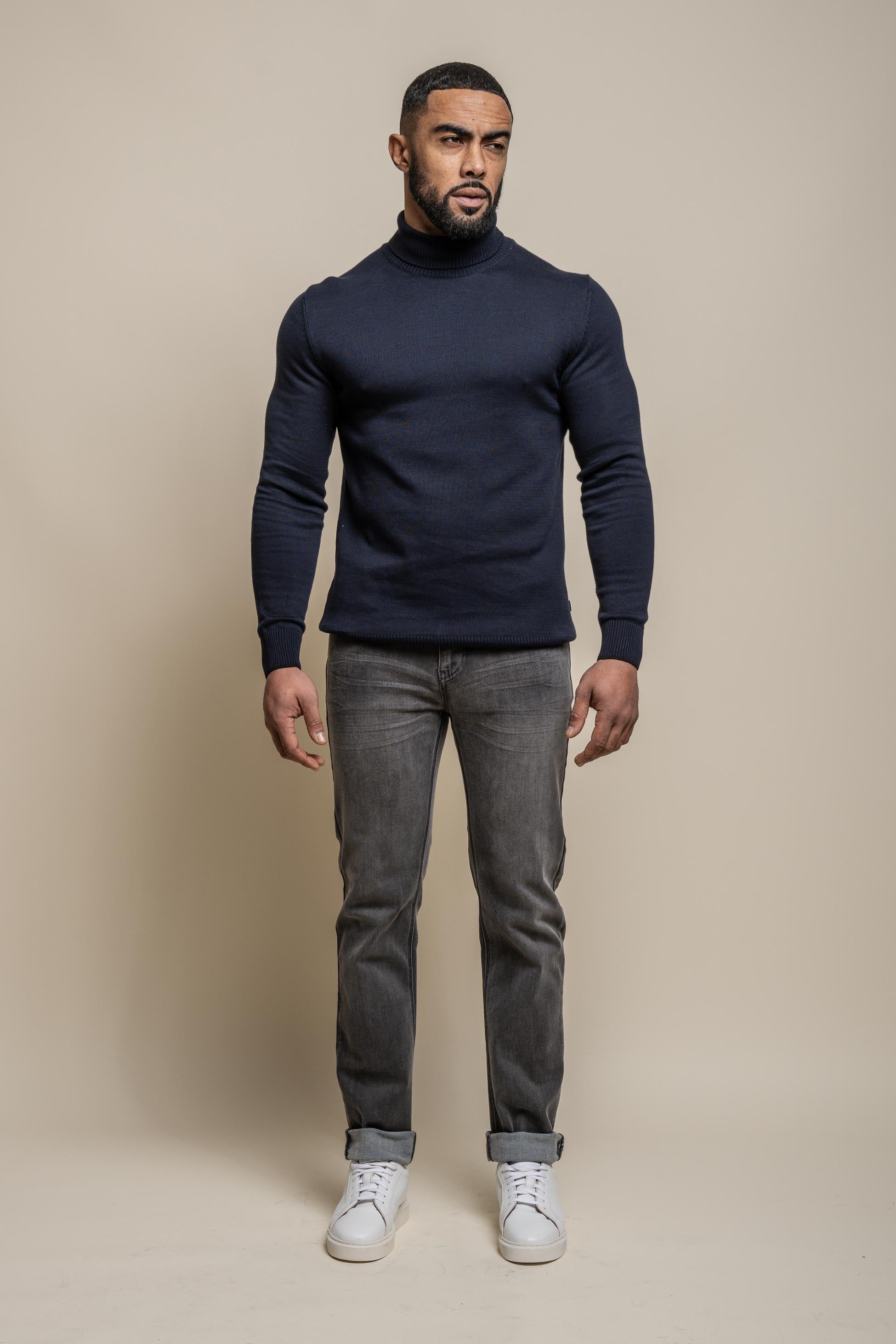 Men's Cotton Turtleneck Jumper - KARRIS - Navy Blue