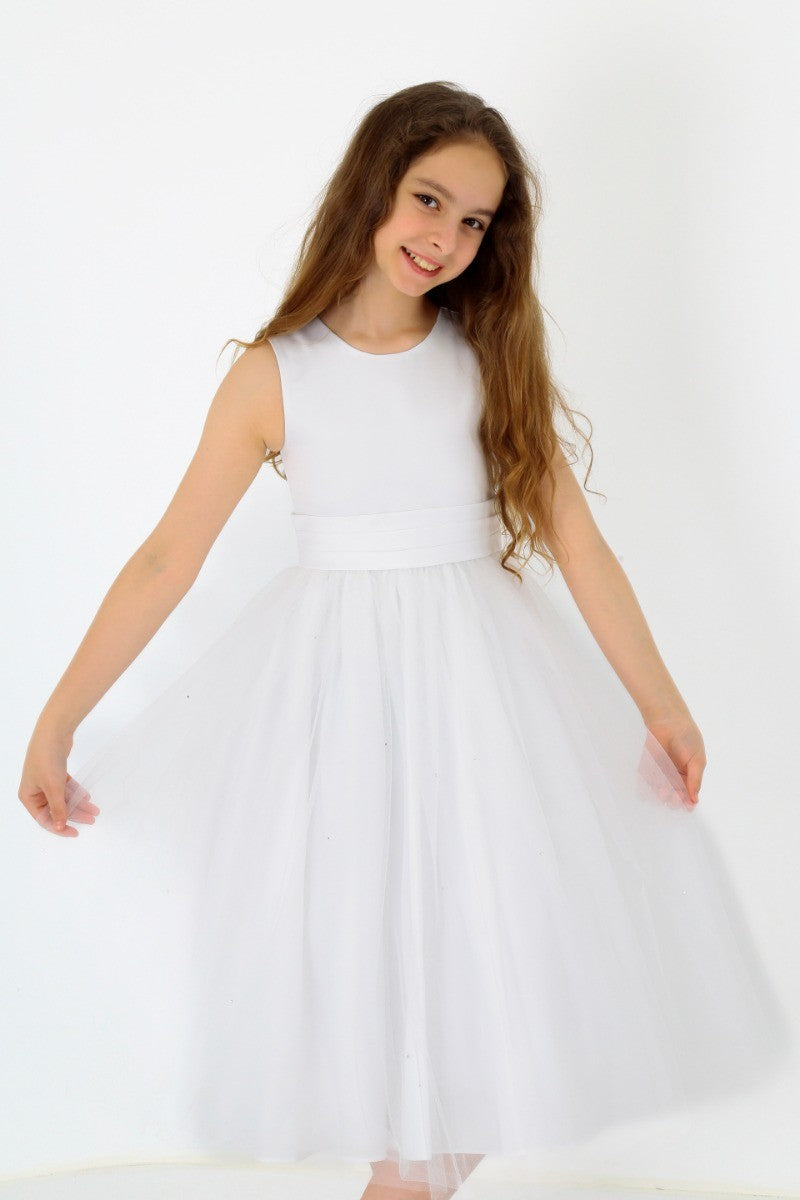 Robe de Communion en Tulle sans Manches pour Demoiselles d'Honneur - Blanc