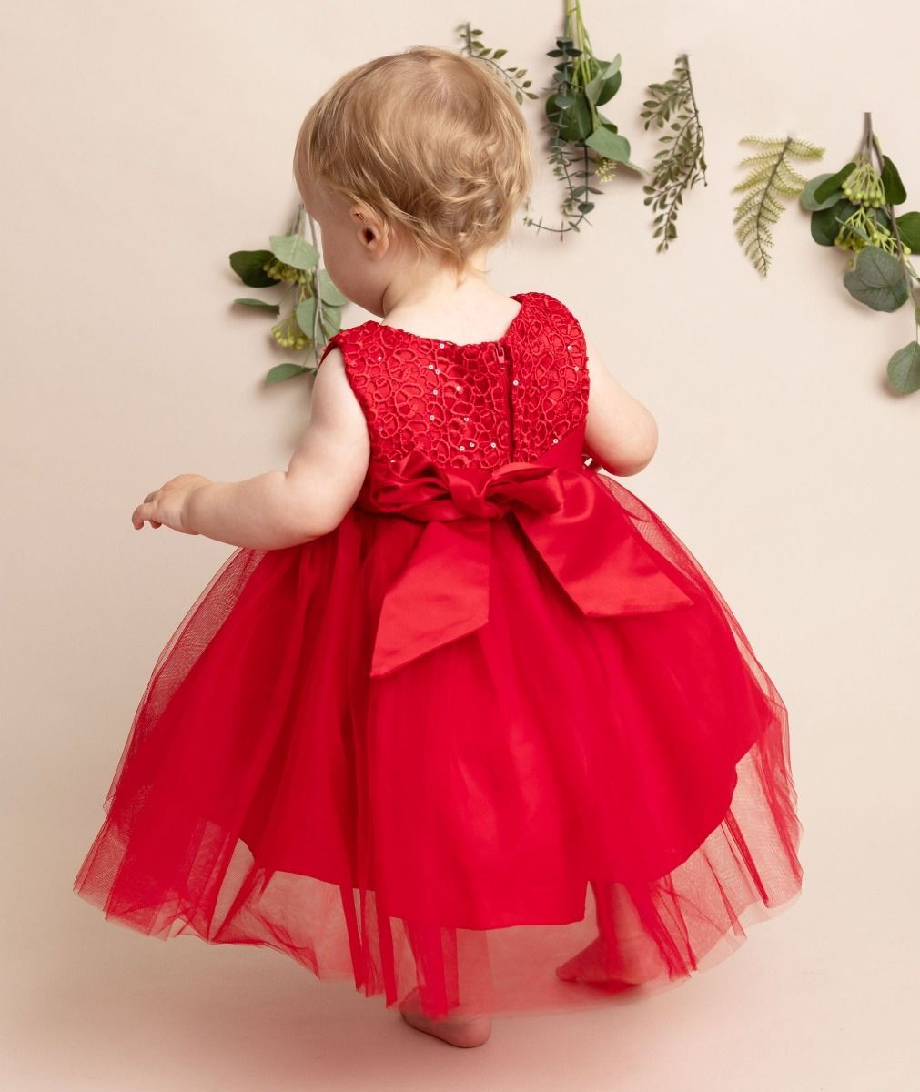 Baby Mädchen Kleid mit Blumenoberteil & Schleife - PC-1025 - Rot