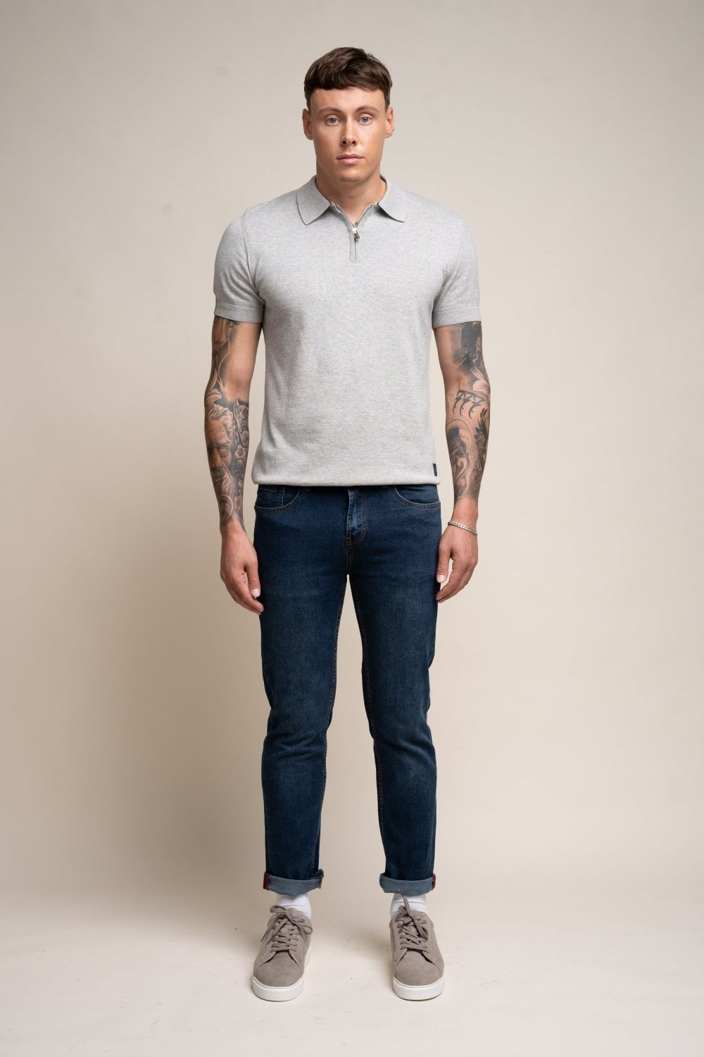 Jean en denim stretch ajusté en coton pour hommes - MILANO - Bleu Lavé Pierre