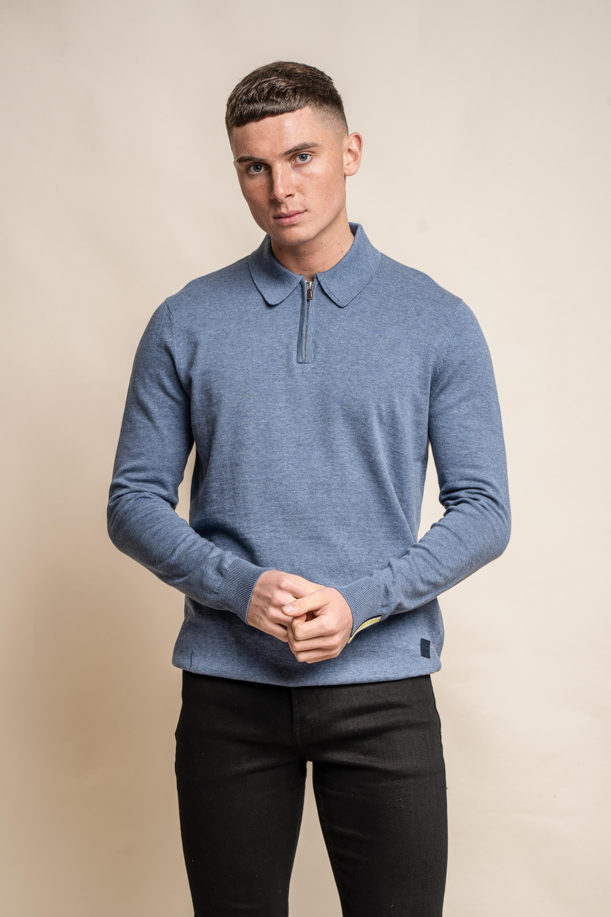 Pull en coton à col montant et zip quart pour hommes - Falcao - Bleu-Denim Moyen