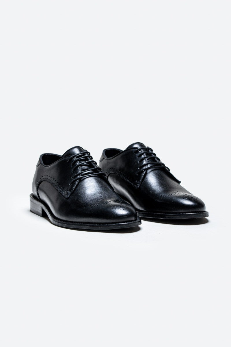 Men's Derby Lace Up Leather Brogue Dress Shoes - MADRID - Black