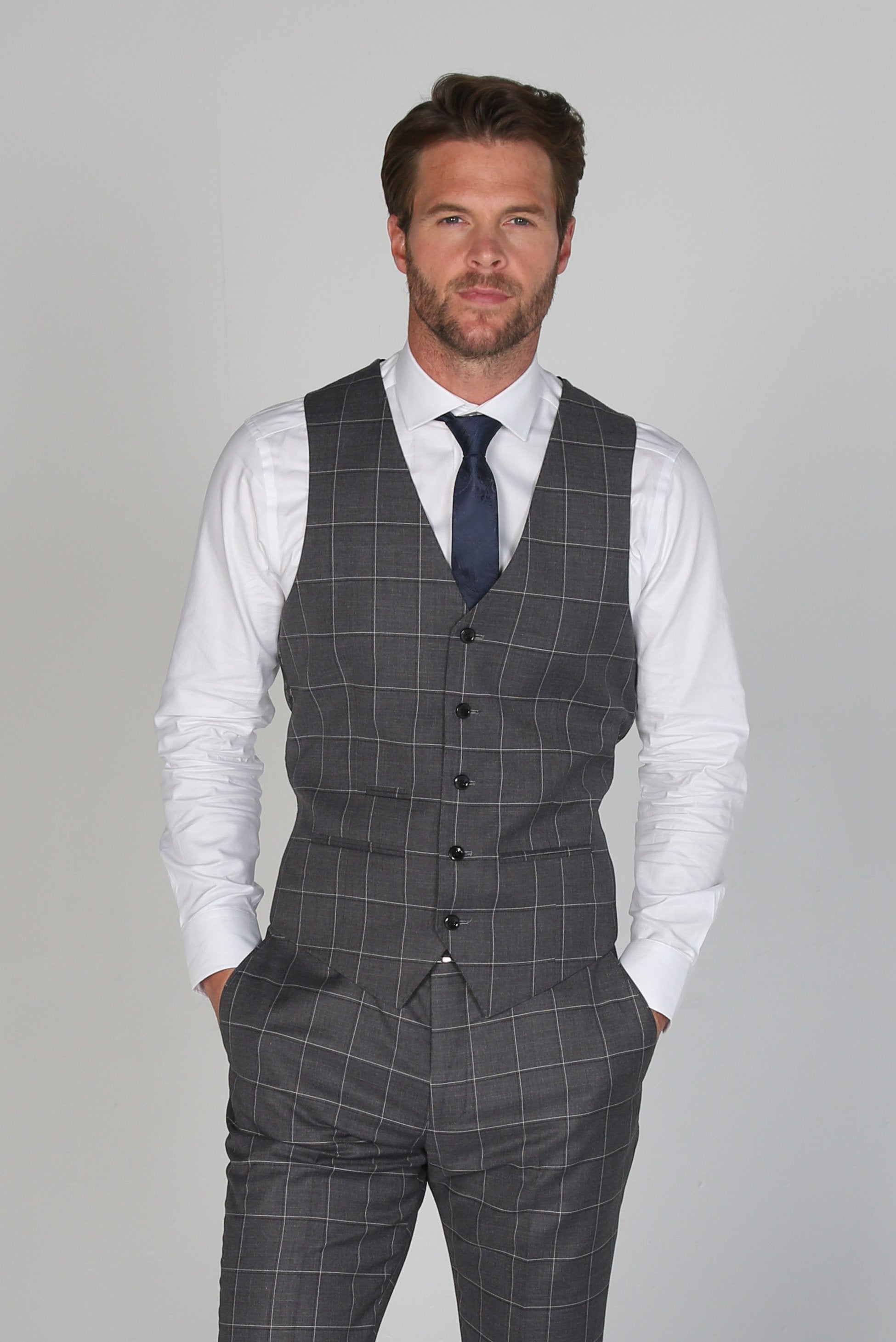 Herren Windowpane Karo Maßgeschneiderte Weste - HOBBS - Grau