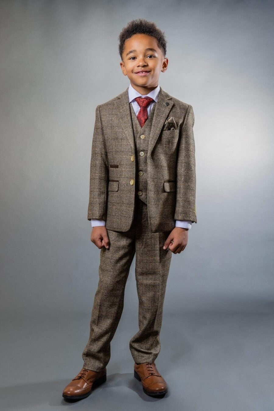 Costume en Tweed à Carreaux Tailored Fit Beige pour Garçons - LIAM - Beige