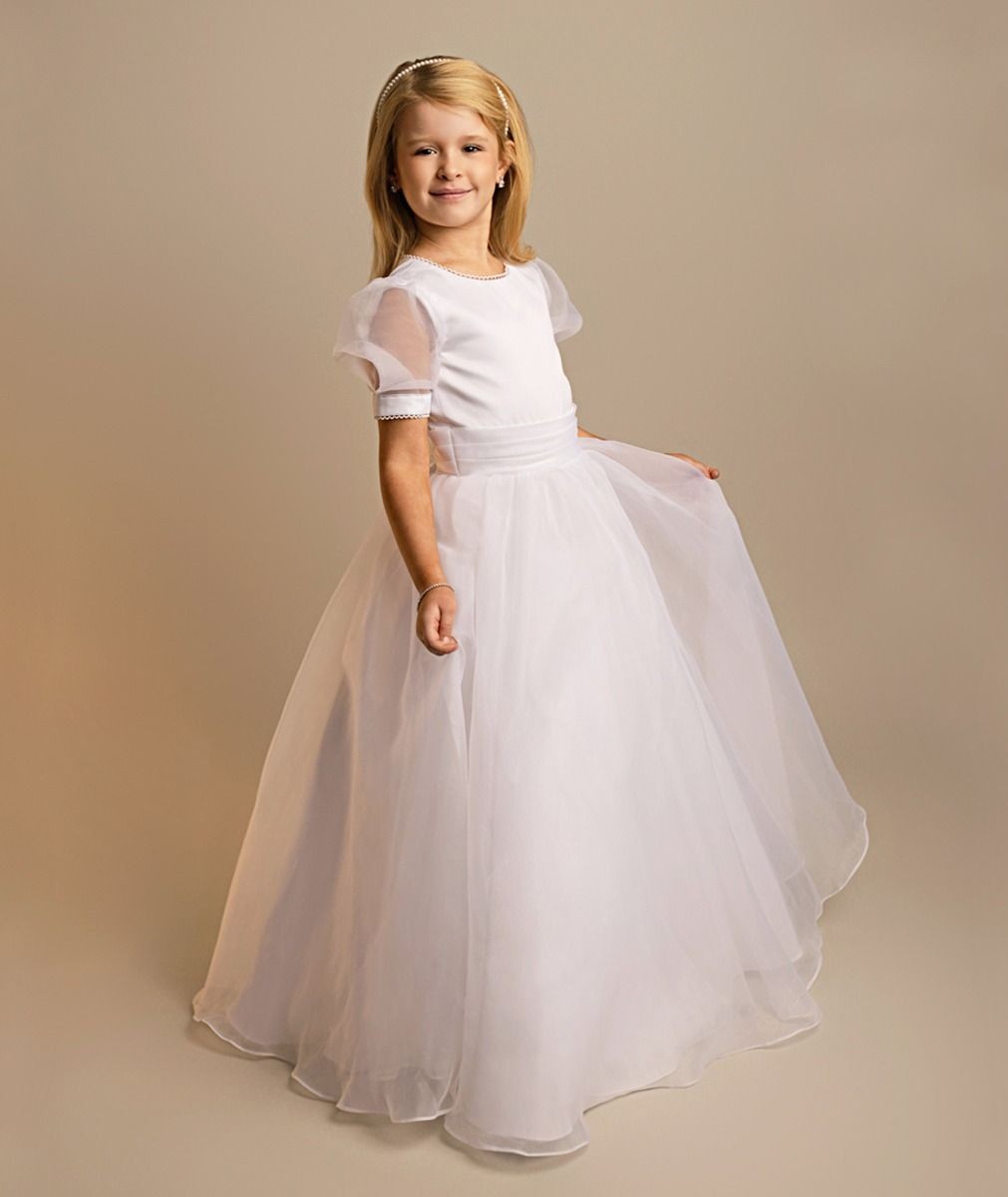 Girls' White Puff Sleeve Communion Dress with Tulle Skirt & Bow - Maryam - White