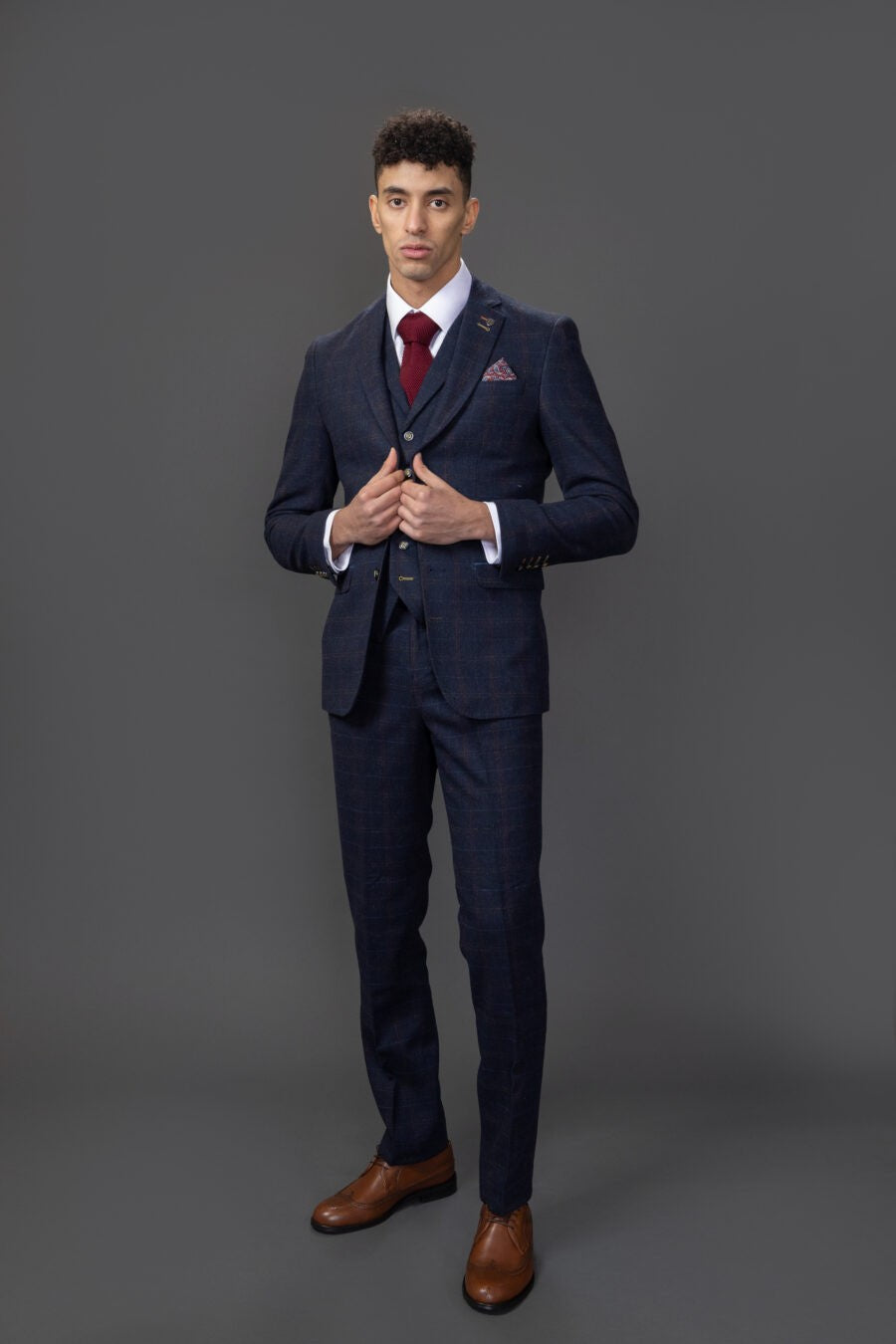 Men's Tweed Windowpane Tailored Fit Navy Suit - RYAN - Navy Blue