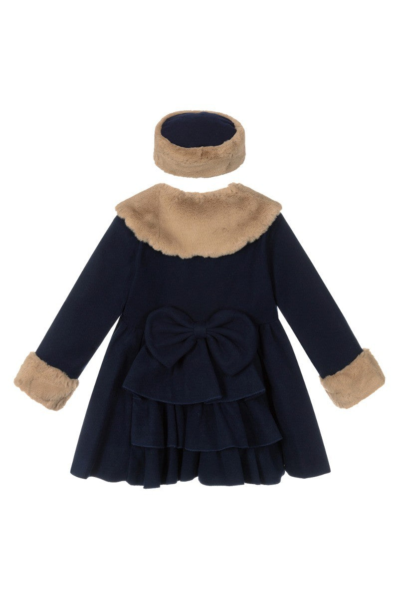 Girls Fur Midi Dress Coat 2 Piece Set - Navy Blue