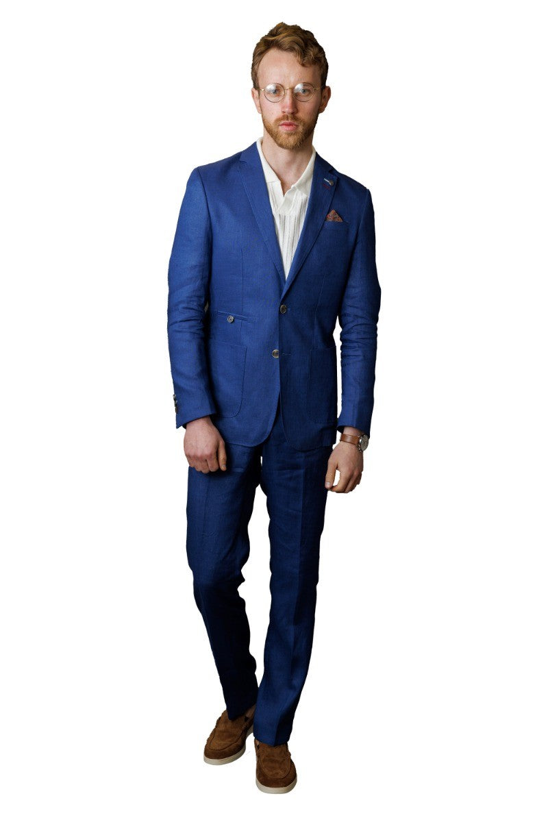 Men's Slim Fit Linen 2 Piece Suit Set - Navy Blue