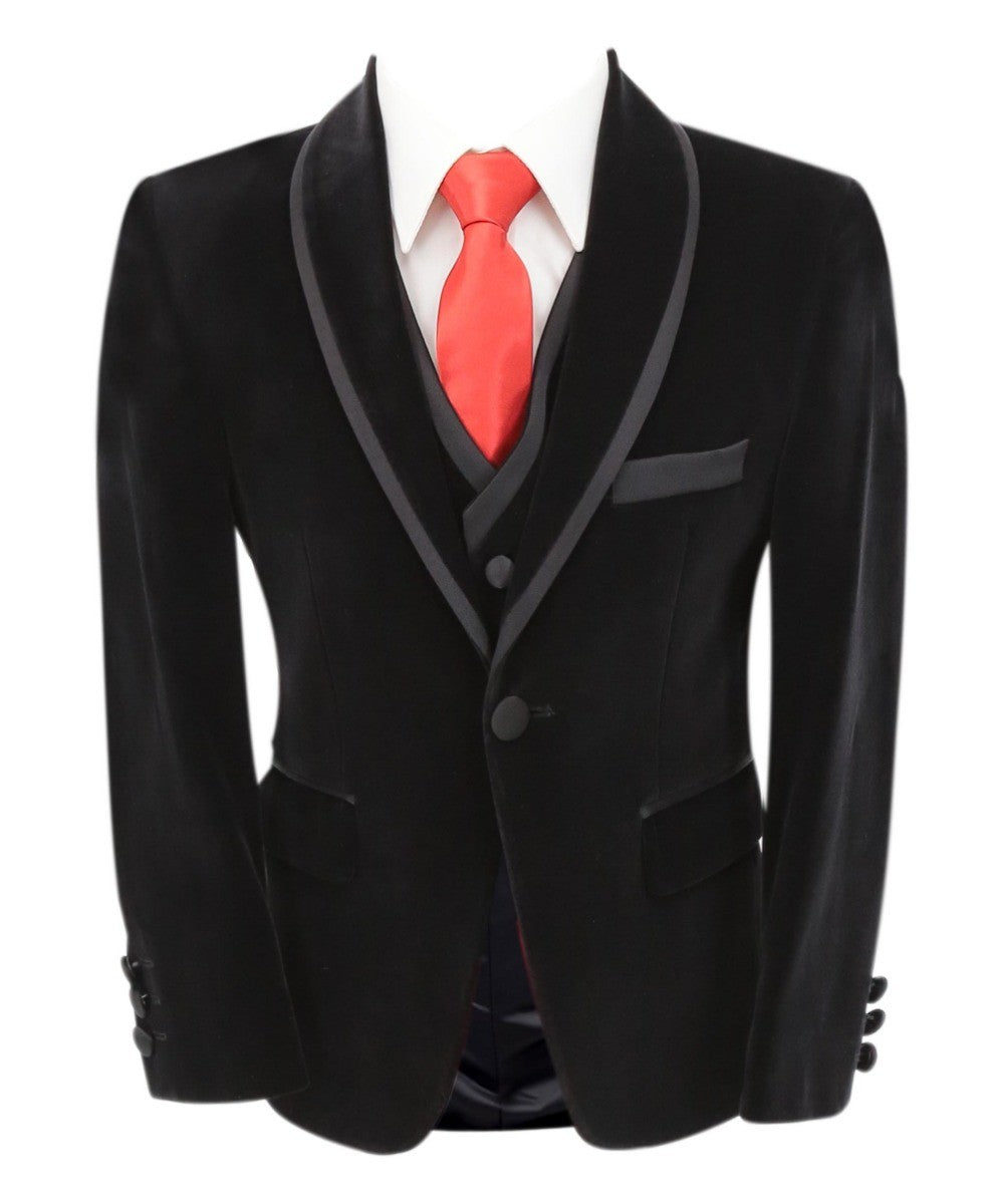 Boys Slim Fit Piping Velvet Tuxedo Suit - LONDON - Black